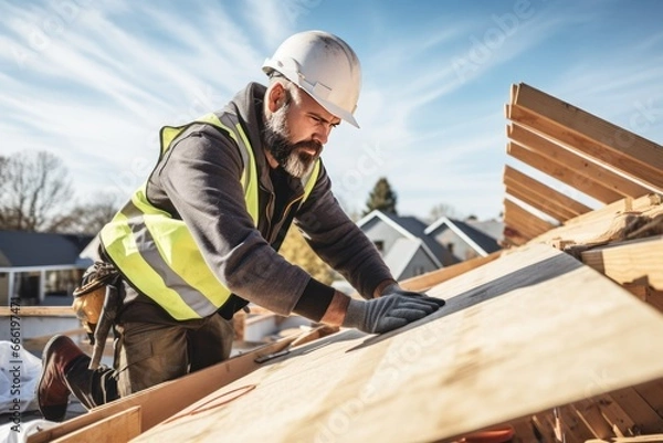 Fototapeta Mature man in hardhat is working on the construction of a wooden frame house. Male roofer is in the process of strengthening the wooden structures of the roof of a house.