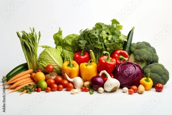Fototapeta An assortment of fresh and vibrant vegetables, individually isolated against a clean white backdrop