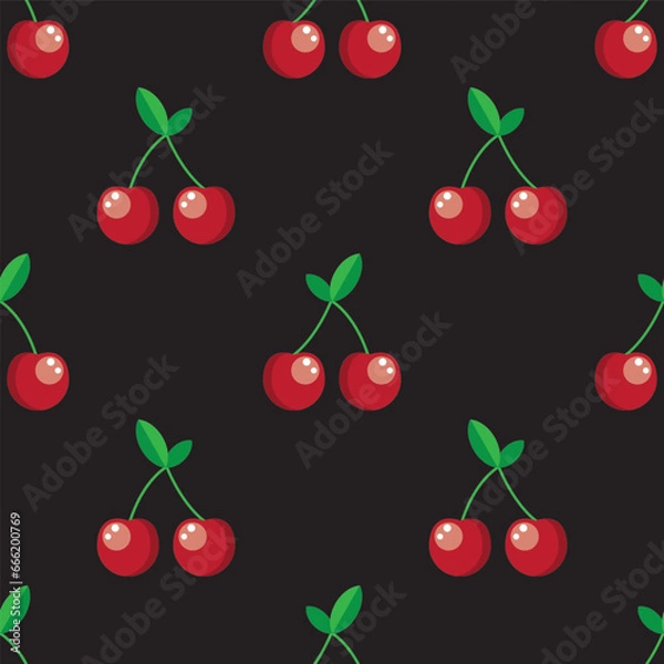 Obraz Red cherry seamless pattern on black background. Vector illustration.