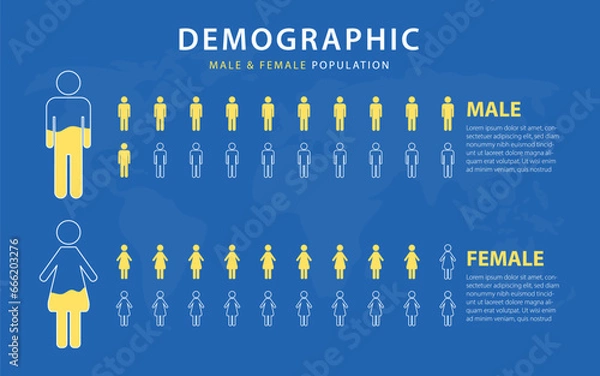 Obraz Demographic analysis infographic template. Male female ratio for population visualization. man woman icons. World map, gender data Vector illustration.