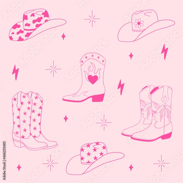 Obraz Collection of western outline elements. Cowboy boots and hats. Wild west set. Cowgirl design. Hand drawn isolated vector design