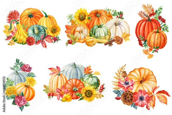 Fototapeta pumpkin watercolor, autumn leaves and pumpkins on isolated white background, watercolor illustration, hand drawing