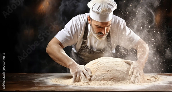Obraz panadero contento haciendo pan en panaderia.