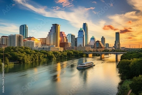 Fototapeta Cityscape of Austin, Texas near Colorado River against skyline. Generative AI
