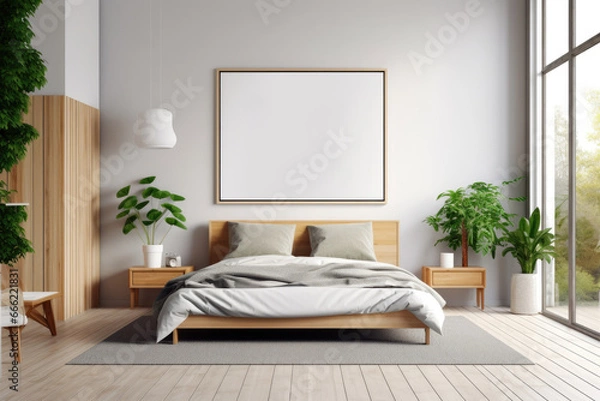 Fototapeta Large horizontal wooden frame mockup in minimalist boho bedroom with beige linens and green plants, large window, wooden furniture, light interior