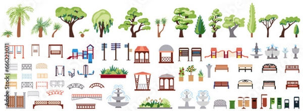 Fototapeta Collection of icons of urban and park infrastructure with romantic gazebos, trees, bushes, palm trees, benches, swings, signs. Big set Urban environment of a European city and public park.