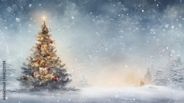 Fototapeta Winter forest with spruce and pine trees covered with snow, against the background of the night sky. New Year card..