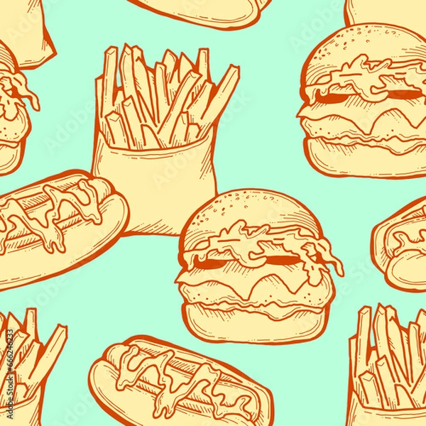 Fototapeta Fast food seamless pattern with hamburger, french fries, hot dog. Decorative design for wrapping paper, fabric print, digital background. Hand drawn doodle style cartoon illustration.