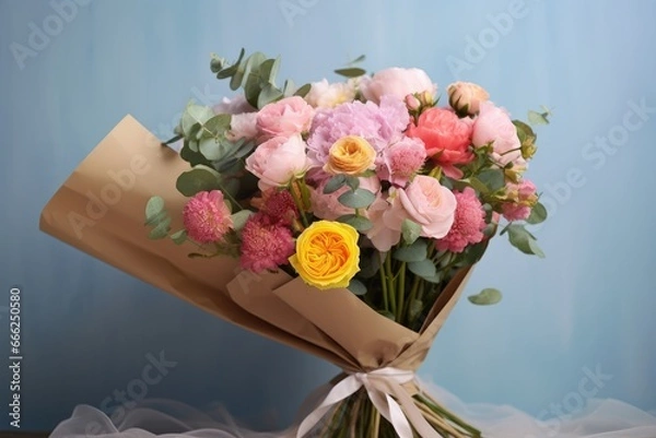 Fototapeta A stunning photo showcasing a bouquet of flowers adorned in delightful pastel and vivid colors, lovingly encased in elegant  paper, capturing the essence of beauty and simplicity