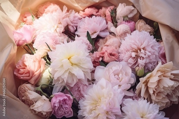 Fototapeta A stunning photo showcasing a bouquet of flowers adorned in delightful pastel and vivid colors, lovingly encased in elegant  paper, capturing the essence of beauty and simplicity
