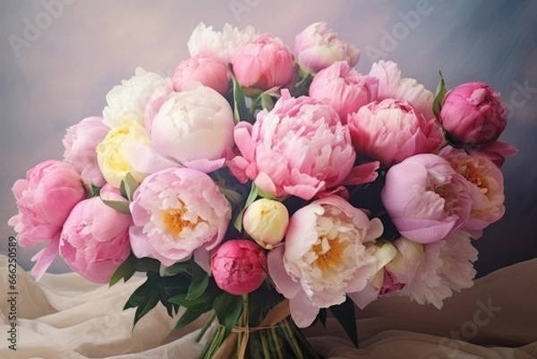 Fototapeta A stunning photo showcasing a bouquet of flowers adorned in delightful pastel and vivid colors, lovingly encased in elegant  paper, capturing the essence of beauty and simplicity