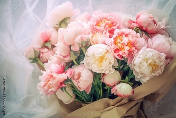 Fototapeta A stunning photo showcasing a bouquet of flowers adorned in delightful pastel and vivid colors, lovingly encased in elegant  paper, capturing the essence of beauty and simplicity