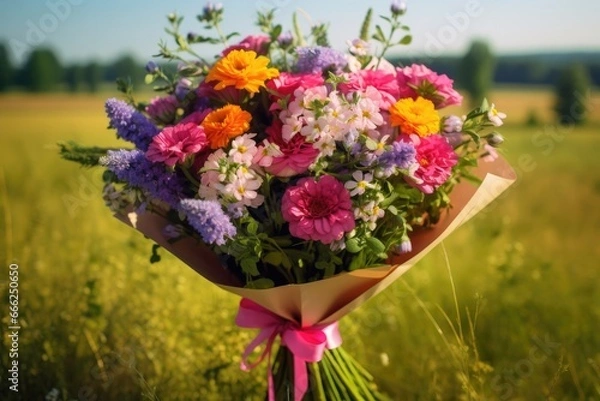 Fototapeta A stunning photo showcasing a bouquet of flowers adorned in delightful pastel and vivid colors, lovingly encased in elegant  paper, capturing the essence of beauty and simplicity