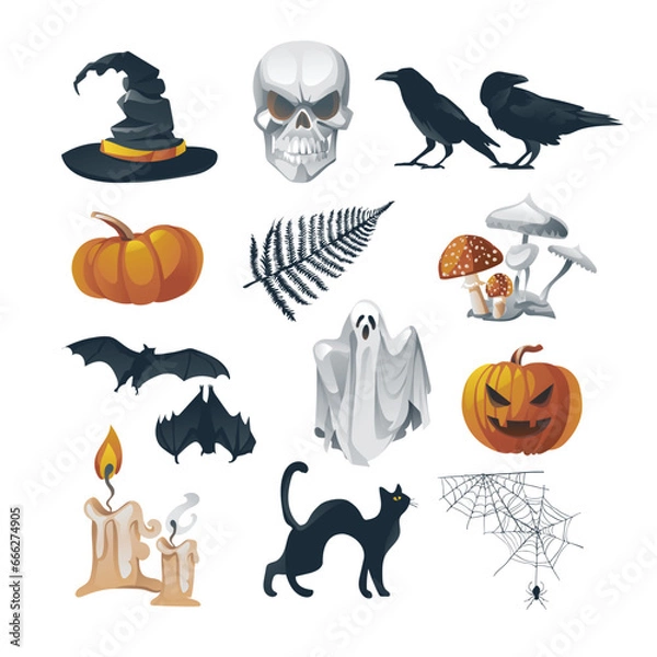 Fototapeta Vector realistic set of happy halloween elements hat, skull, crow, raven, pumpkin, ghost, spiderweb, mushrooms, candles, banner template isolated on white background