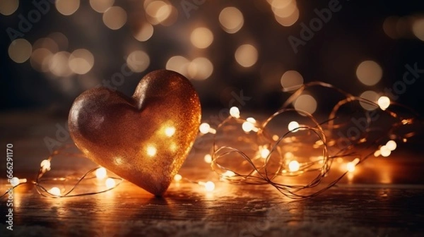 Fototapeta Happy New Year message with a white heart with heart shaped lights. Merry Christmas bokeh effect background, happy new year. Happy new year and happy winter holidays concept