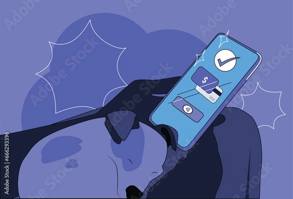 Fototapeta Person Using a Cell Phone's Cashless, Contactless Payment with Snuggling Dog on Lap