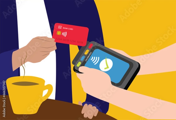 Fototapeta Person Making a Cashless, Contactless Payment in Public Café Restaurant