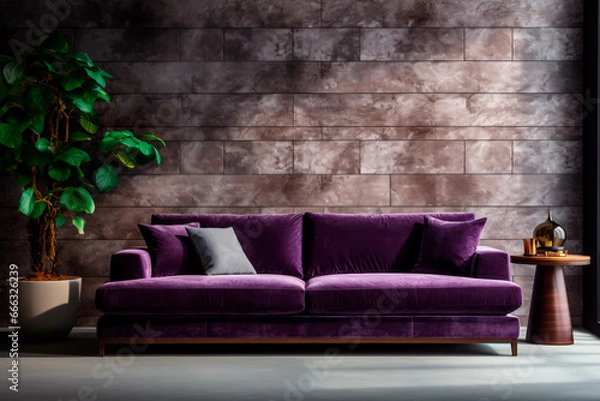 Fototapeta Modern living room interior design: Velvet sofa against stone paneling wall.