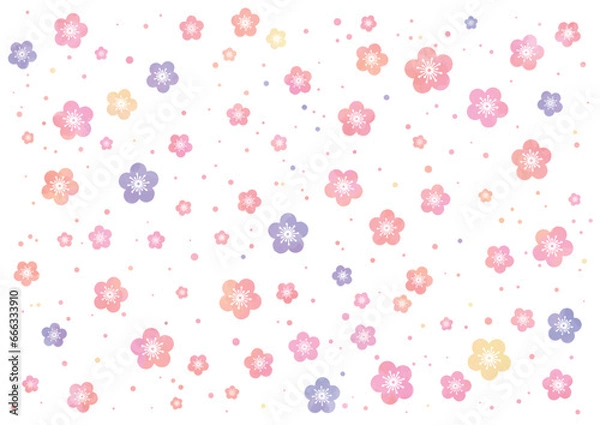 Fototapeta 水彩風の大小のかわいいカラフルな梅を散らした背景