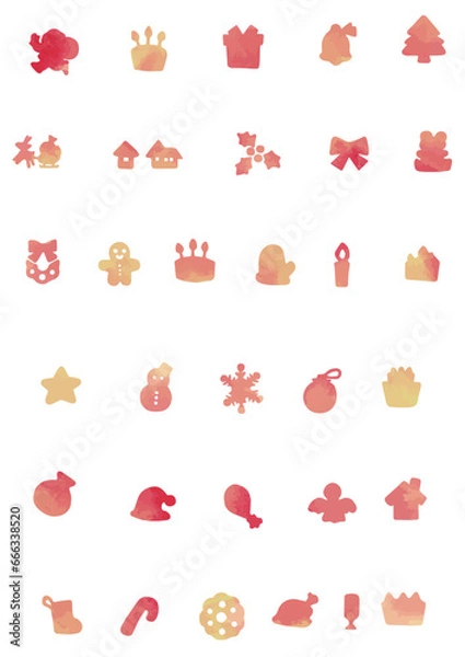Obraz クリスマス　アイコン　水彩　手描き　あしらい　シルエット　飾り　かわいい　優しい　イラスト素材セット