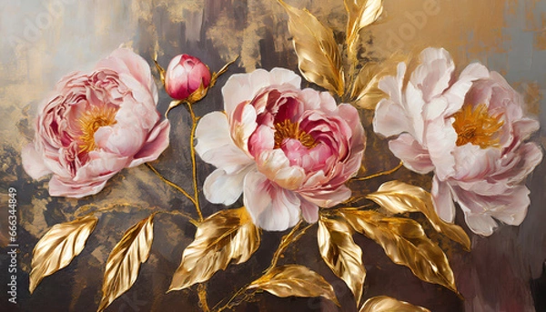 Fototapeta Oil painting with flower rose, peonies, gold leaves. Botanic print background on canvas - floral triptych In Interior, art. 
