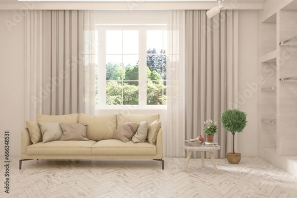 Fototapeta White living room with sofa and summer landscape in window. Scandinavian interior design. 3D illustration