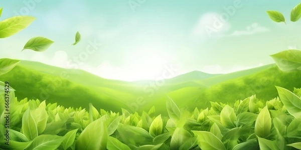 Fototapeta tea plantation background with sunrise rays