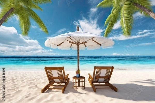Fototapeta Tropical Paradise Beach: White Sand, Coco Palms, Chairs, and Umbrella on Beach
