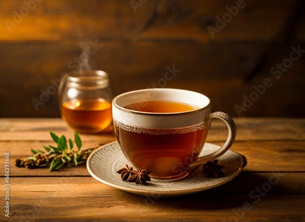 Fototapeta the essence of warmth and comfort in an image of a hot tea mug on a rustic wooden table.