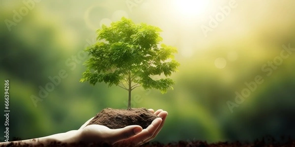 Fototapeta Person's hand holding a tree growing on the ground, including green background, tree planting idea and Earth Day