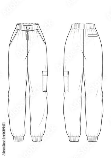 Fototapeta Women's pants,Fashion Flat Sketch Vector Illustration, CAD, Technical Drawing, Flat Drawing, Template, Mockup.

