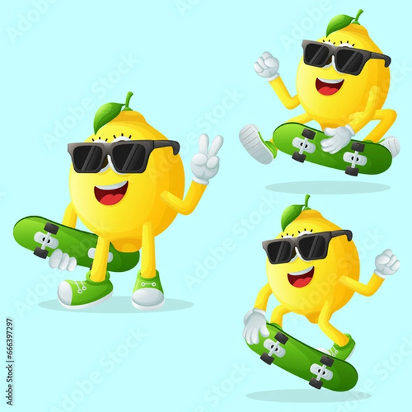 Fototapeta Cute lemon characters skateboarding