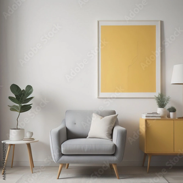 Fototapeta Interior of modern living room with yellow wall mockup, 3d render.