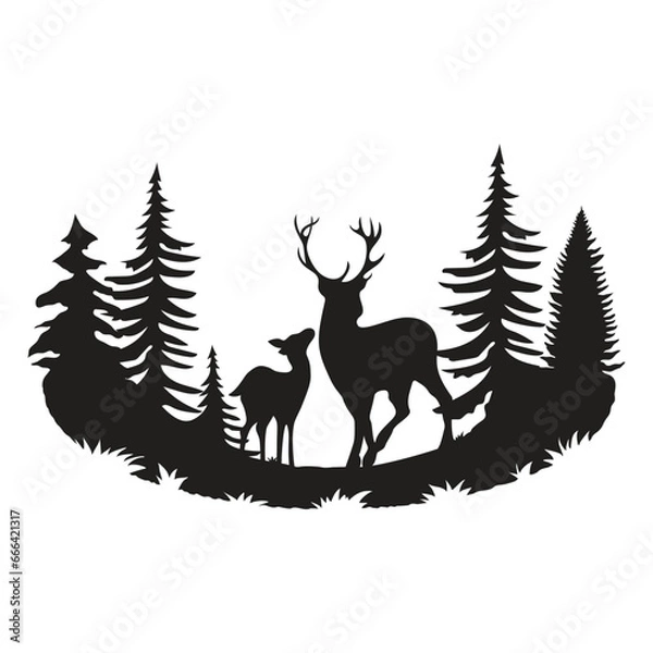 Obraz Deer icon vector illustration. Black forest on isolated background. Silhouette of deer sign concept.