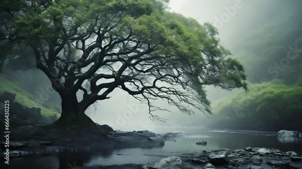Fototapeta A tree shrouded in mist, its branches mysterious
