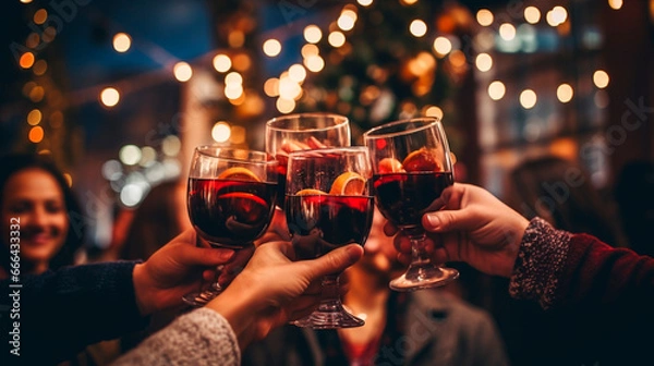 Obraz People at the Christmas market with mulled wine in their hands. Generative AI,