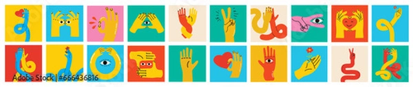 Fototapeta Cartoon hands abstract drawn comic. Set of Hand multicolored different signs and symbols. Drawing style Sticker decals. Retro Y2K. Vector illustration