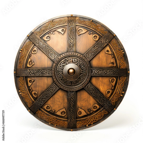 Obraz Finely Crafted Viking Shield On White Background Created Using Artificial Intelligence