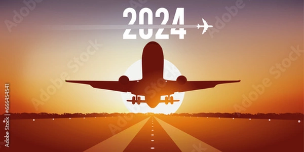 Fototapeta Carte de vœux 2024 pour les compagnies aériennes, montrant un avion qui décolle de la piste d’un aéroport, devant un coucher de soleil.