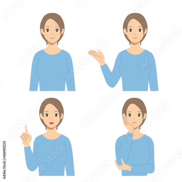 Fototapeta 色々なポーズと表情の女性の上半身セット