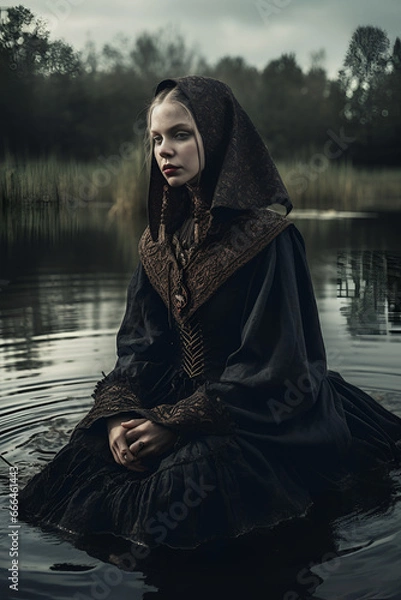 Fototapeta Beautiful girl in black dress sitting near the lake river. Gothic image, dark academy. Mysticism and mourning.