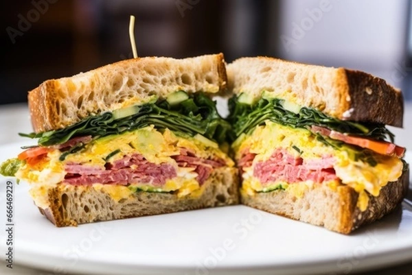 Fototapeta sandwich cut in half, center focus on fillings