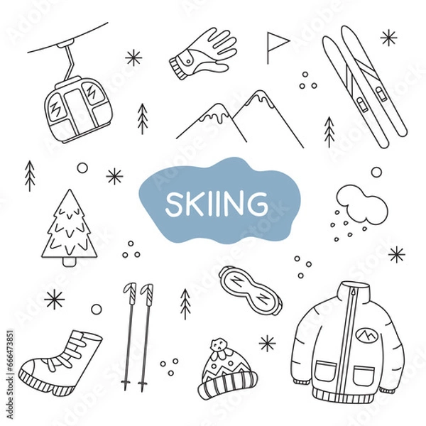 Fototapeta Set of vector skiing illustrations. Isolated on white background.