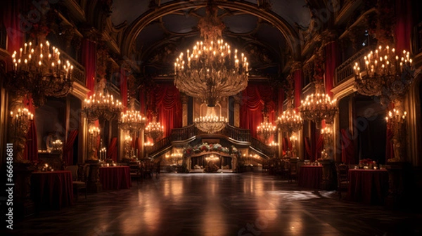 Fototapeta Step into a world of haunted elegance with this awe-inspiring image. A grand ballroom adorned with Gothic décor hosts a masquerade ball.