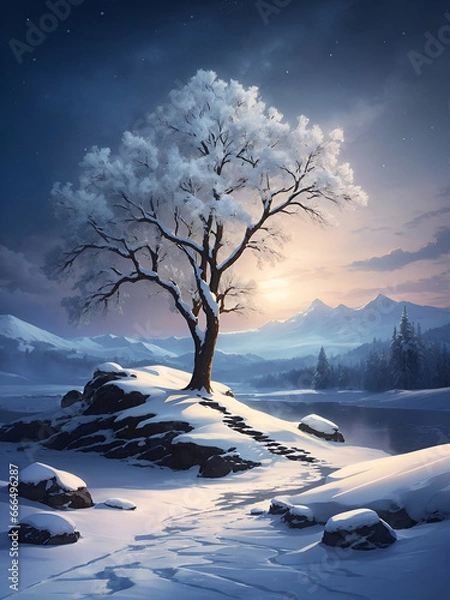 Fototapeta Peaceful winter landscape at night painted with watercolor: Snowcapped tree overlooking a quiet lake