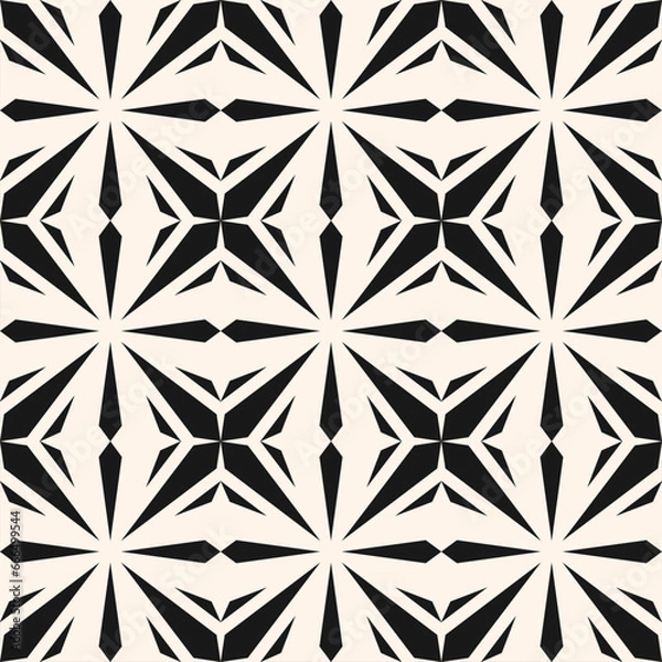 Obraz Abstract geometric seamless pattern. Modern black and white ornament with lines, diamonds, stars, grid, lattice, net, repeat tiles. Simple monochrome geo texture. Elegant geometrical background design