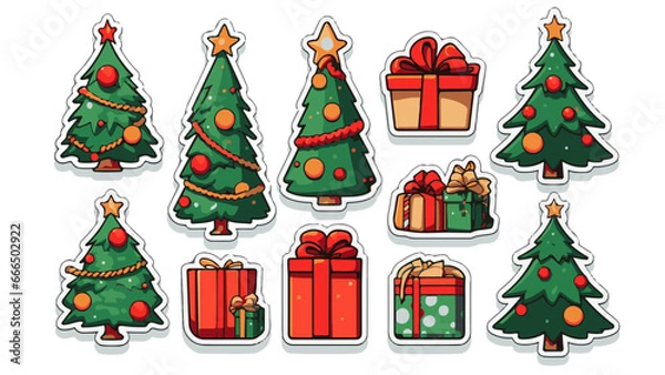 Obraz Planche d'icône de Noël avec cadeaux et sapin de Noël, style stickers