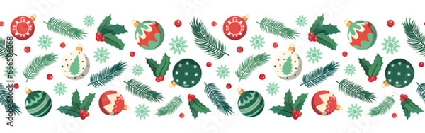Obraz Christmas baubles and fir branches horizontal seamless border. Vector illustration for Christmas and New Year. Isolated on white background