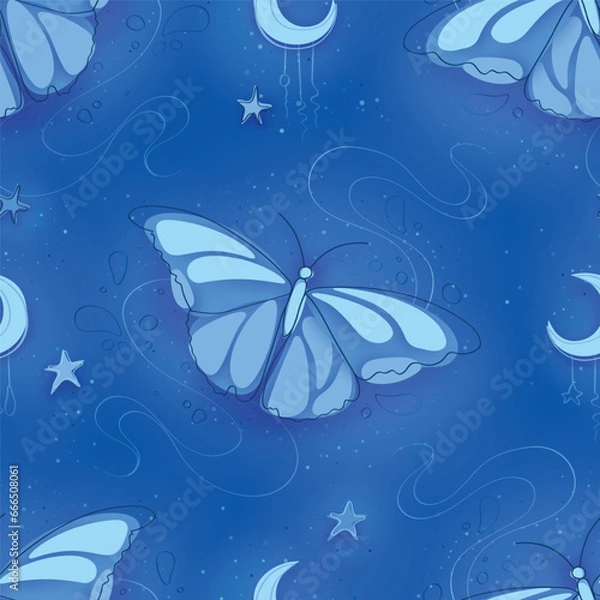 Fototapeta Seamless Pattern with Delicate Dreamy Butterfly on Textured Background. Hand-Drawn Style Texture. Natural Abstract Design.  Monochromatic Powdery Coloring. Vector 3d Illustration