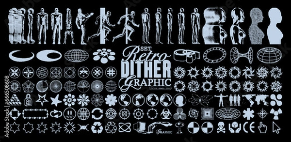 Obraz Retro futuristic abstract dither bitmap graphic elements. Pixel people with blur, 3D wireframe elements, gothic y2k sharp spikes with bones, universal shapes for creating poster. Vector set